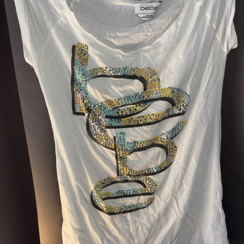 bebe White Tee with Multicolor Sequin Design